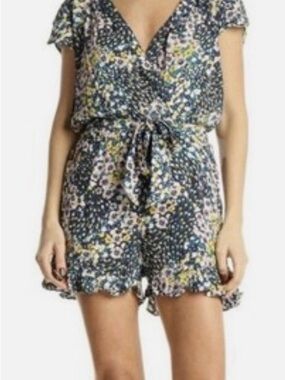Floral Tie-Waist Romper in Navy and Multi by Loft, sz Small